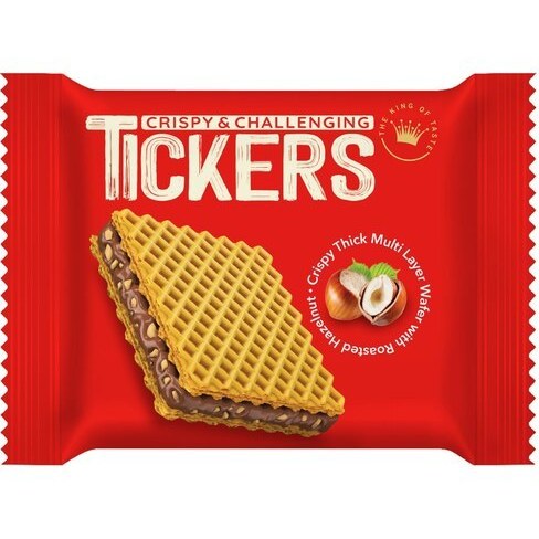 ویفر کاکائویی فندقی با تکه های فندق تیکرز (Tickers) بسته ۳۲ عددی